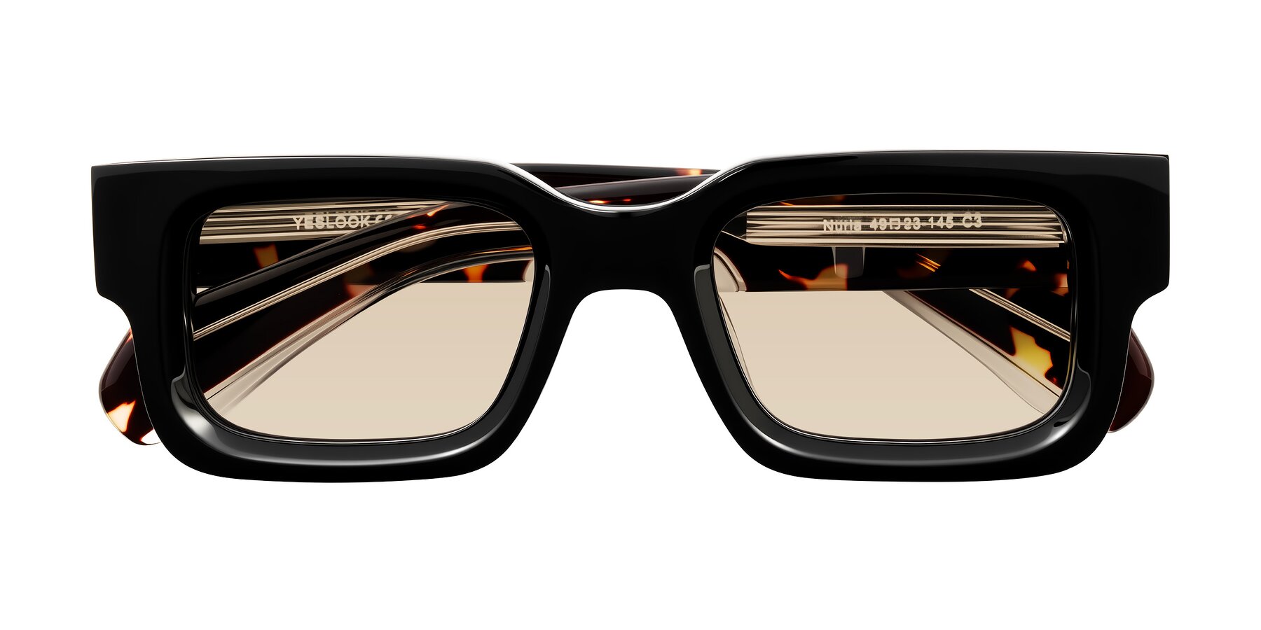 Folded Front of Nuria in Black/Tortoise with Light Brown Tinted Lenses