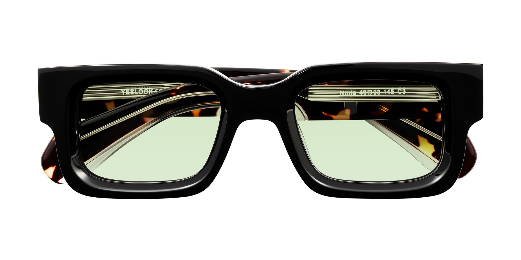 Folded Front of Nuria in Black/Tortoise with Light Green Tinted Lenses