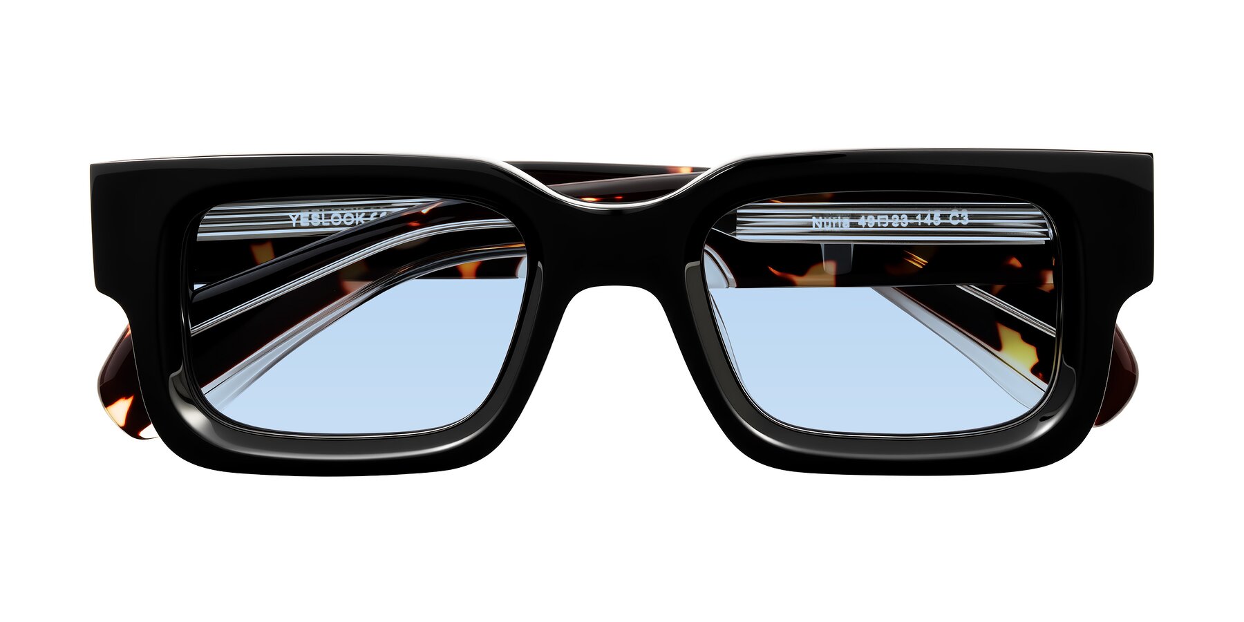 Folded Front of Nuria in Black/Tortoise with Light Blue Tinted Lenses