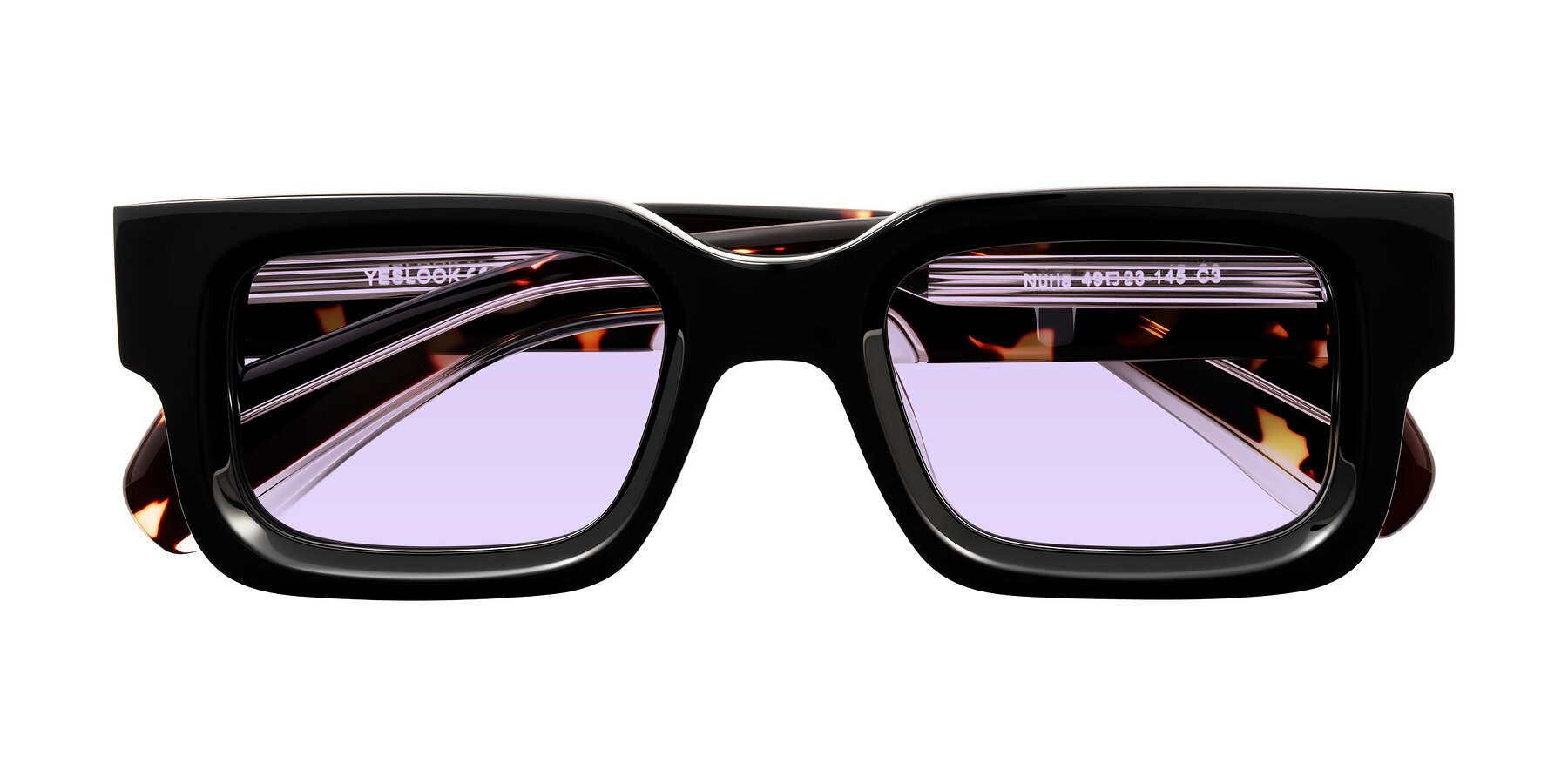 Folded Front of Nuria in Black/Tortoise with Light Purple Tinted Lenses