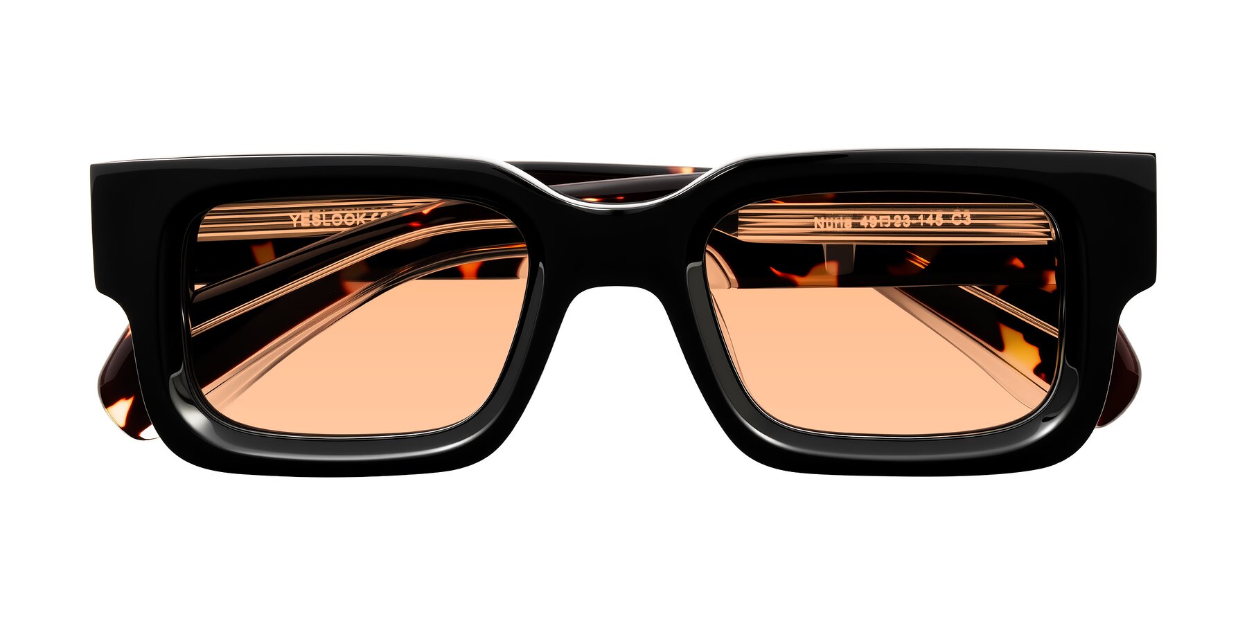 Folded Front of Nuria in Black/Tortoise with Light Orange Tinted Lenses