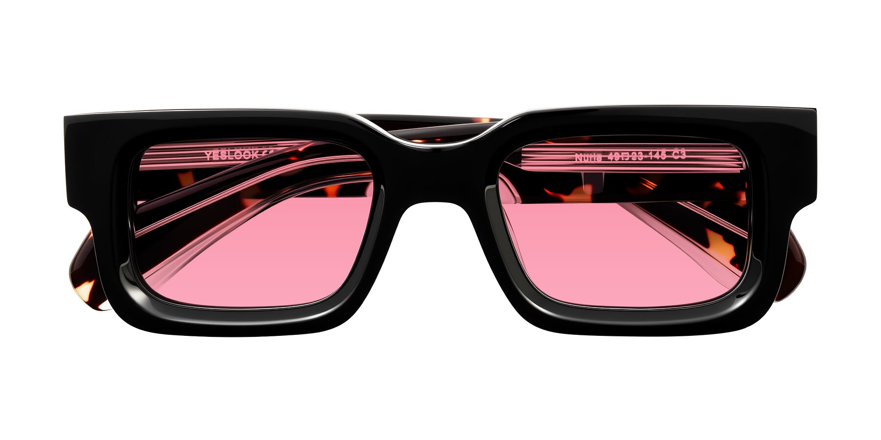 Folded Front of Nuria in Black/Tortoise with Pink Tinted Lenses