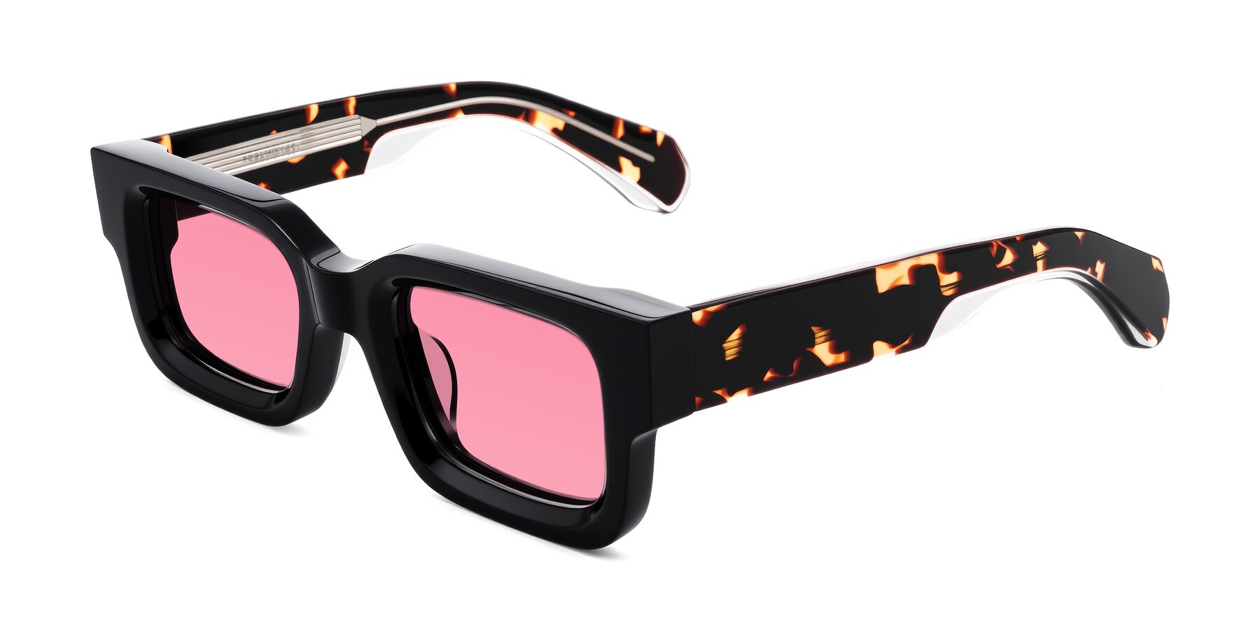 Angle of Nuria in Black/Tortoise with Pink Tinted Lenses