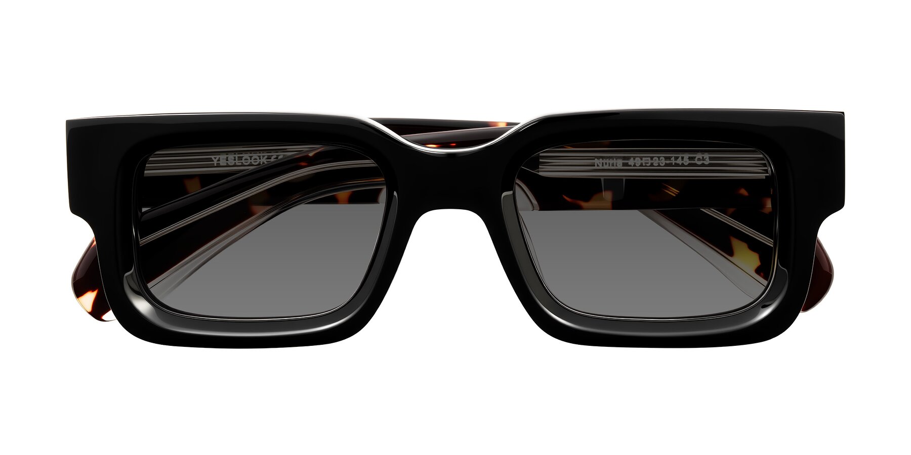 Folded Front of Nuria in Black/Tortoise with Medium Gray Tinted Lenses