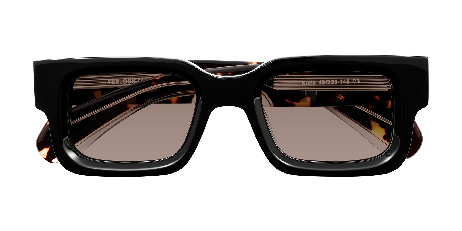 Folded Front of Nuria in Black/Tortoise with Medium Brown Tinted Lenses