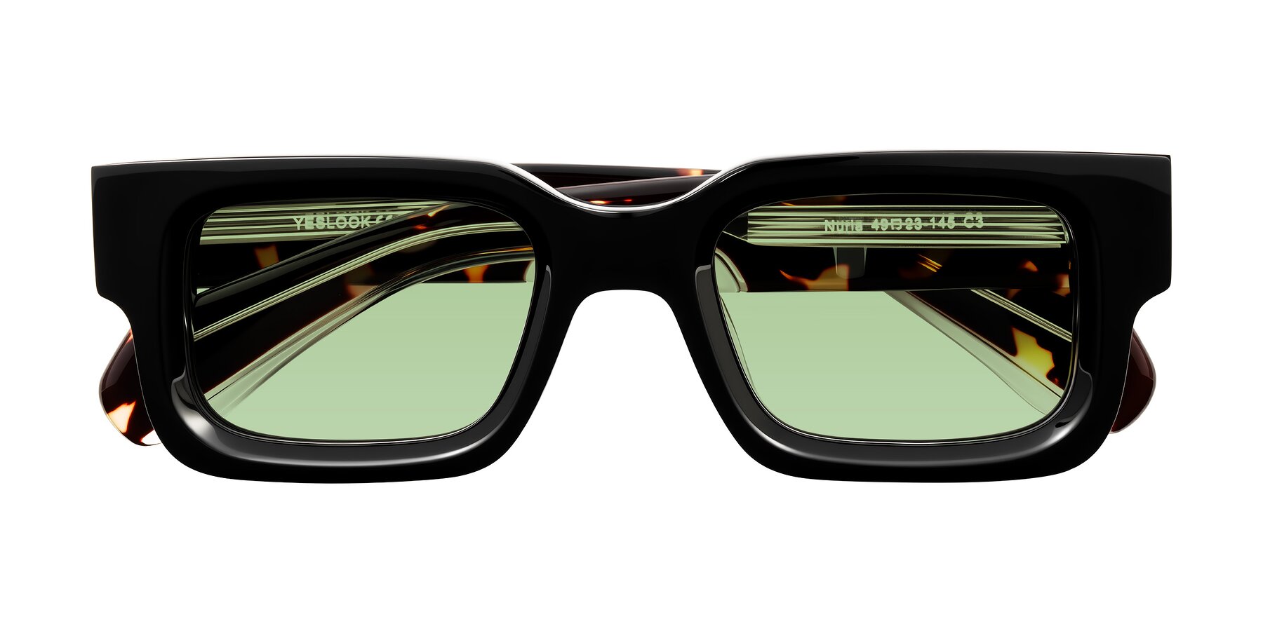 Folded Front of Nuria in Black/Tortoise with Medium Green Tinted Lenses