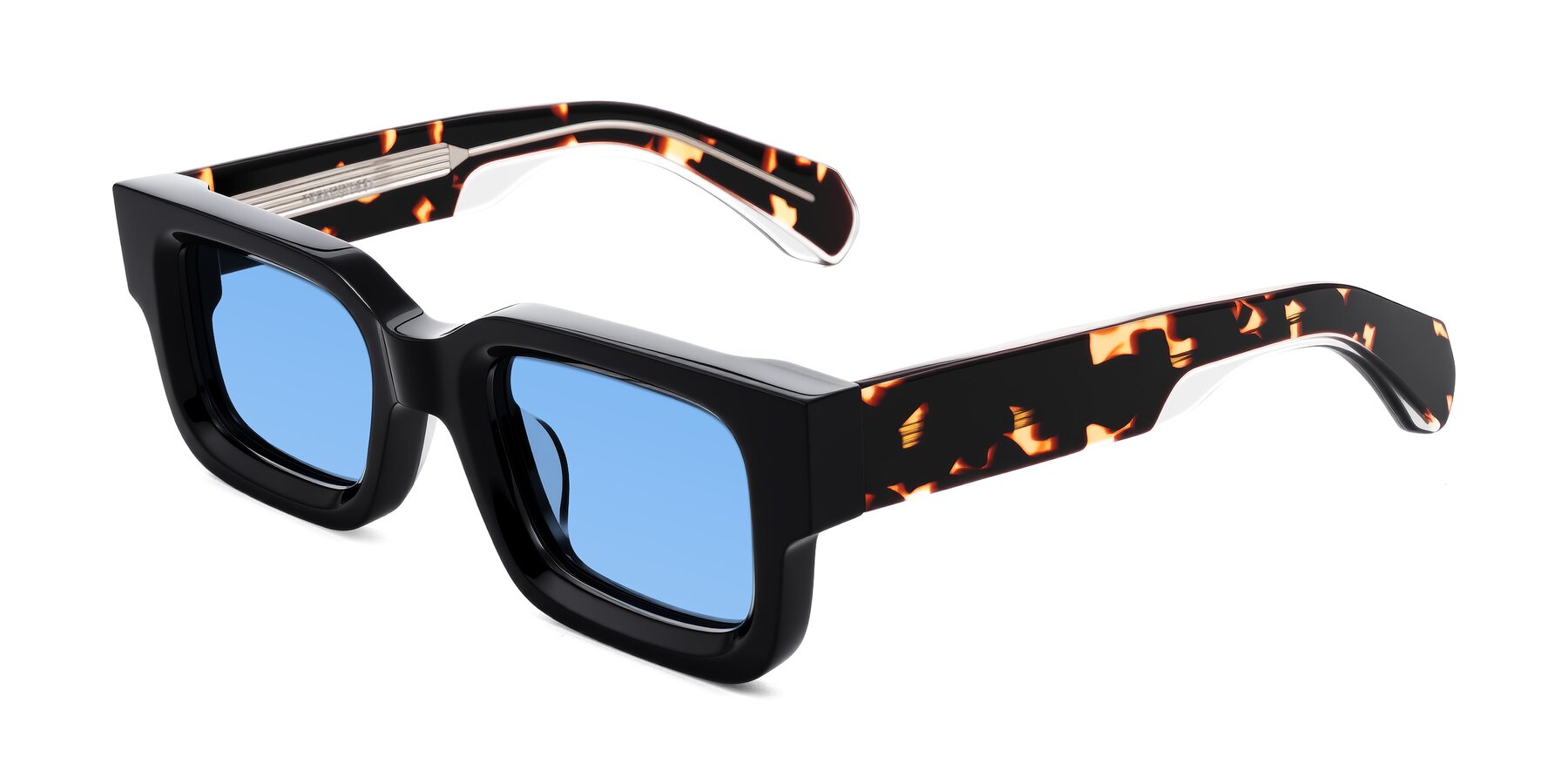 Angle of Nuria in Black/Tortoise with Medium Blue Tinted Lenses