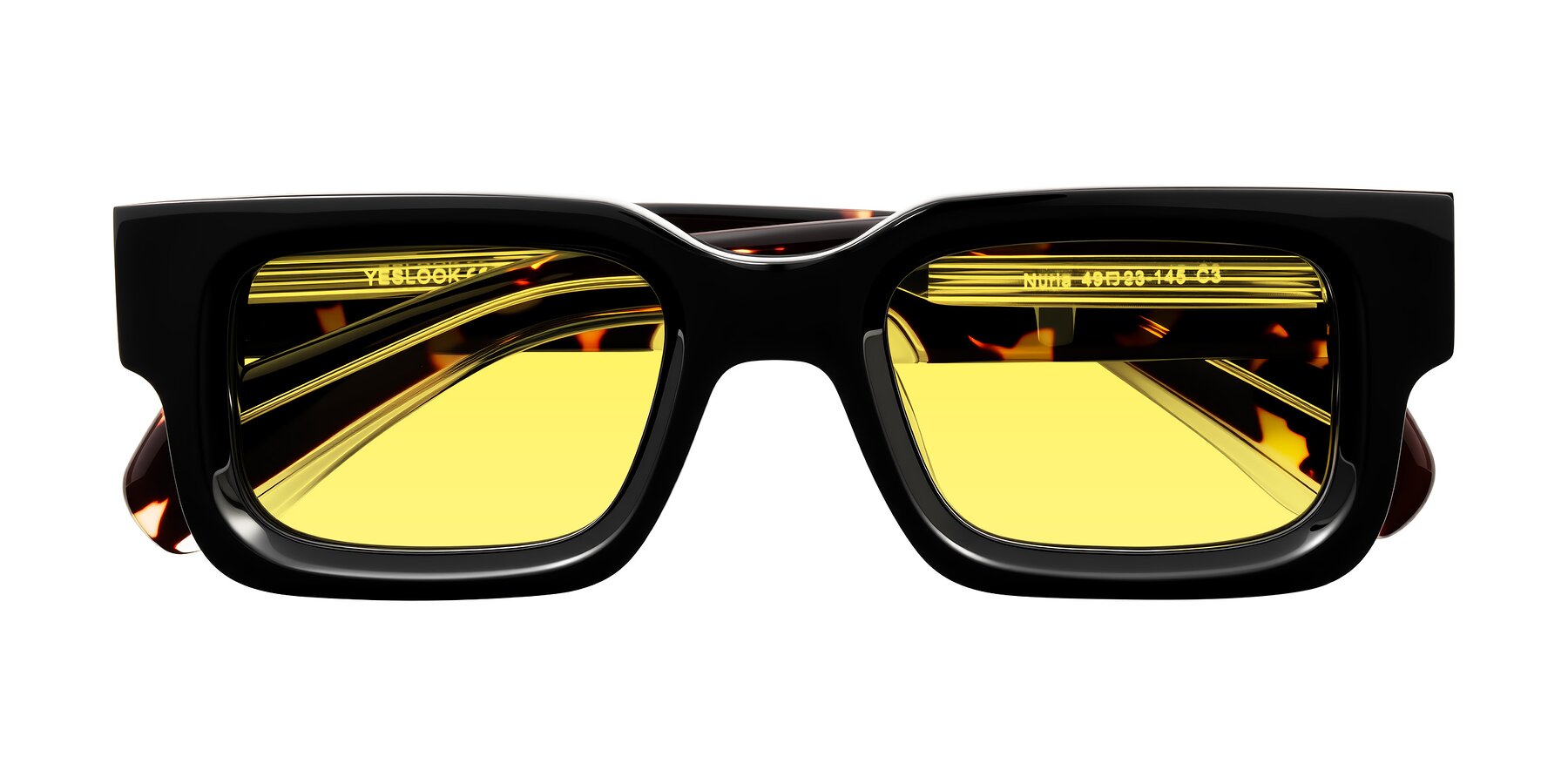 Folded Front of Nuria in Black/Tortoise with Medium Yellow Tinted Lenses