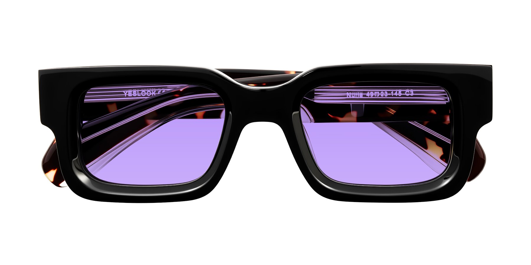Folded Front of Nuria in Black/Tortoise with Medium Purple Tinted Lenses