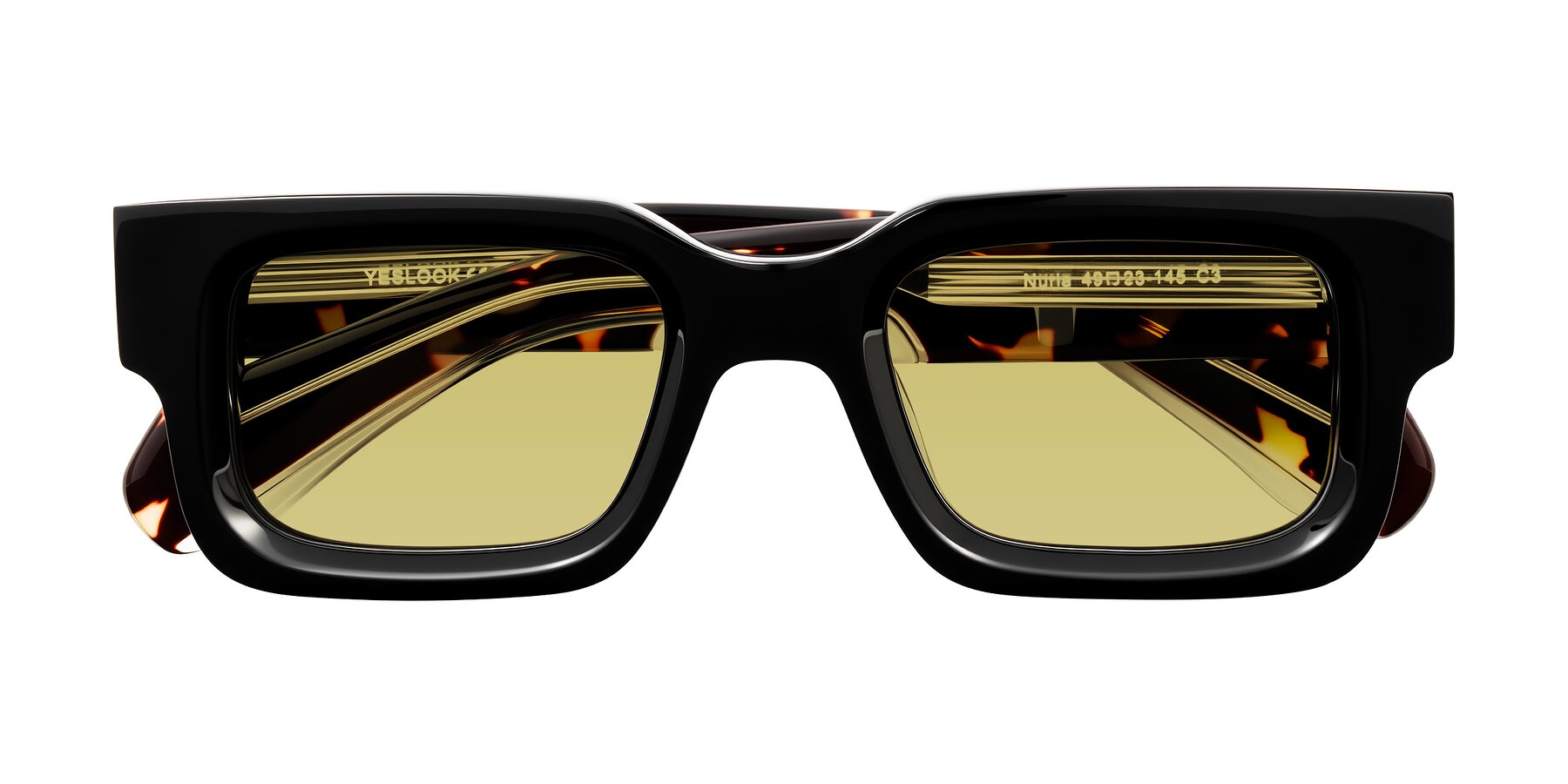 Folded Front of Nuria in Black/Tortoise with Medium Champagne Tinted Lenses