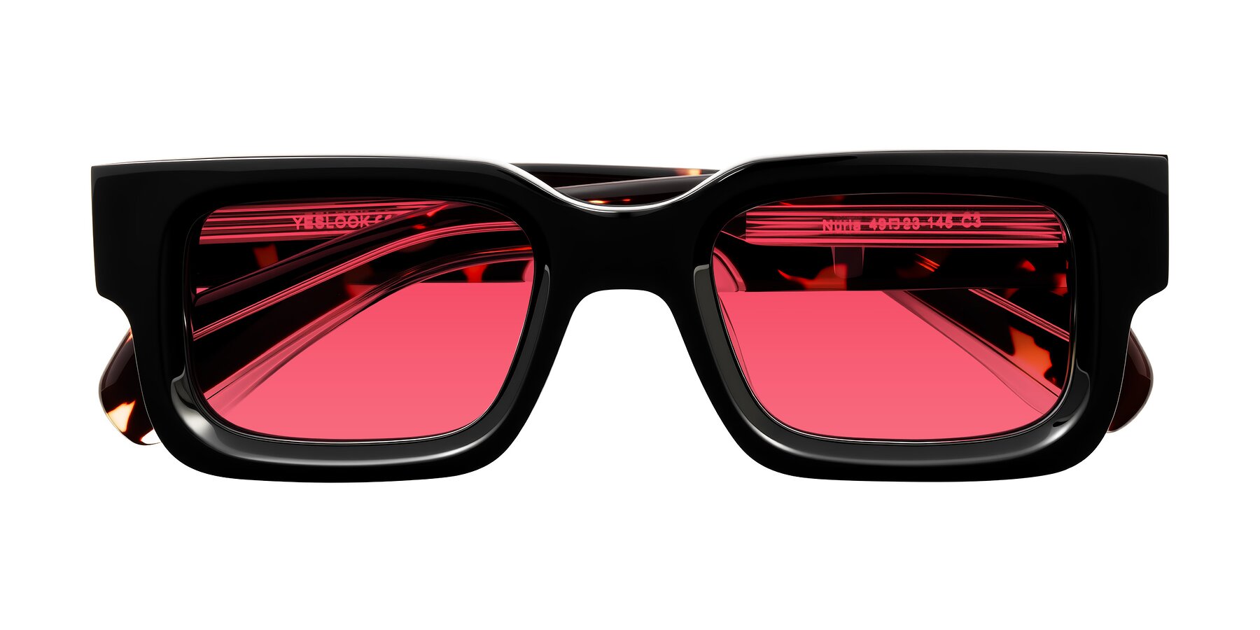 Folded Front of Nuria in Black/Tortoise with Red Tinted Lenses