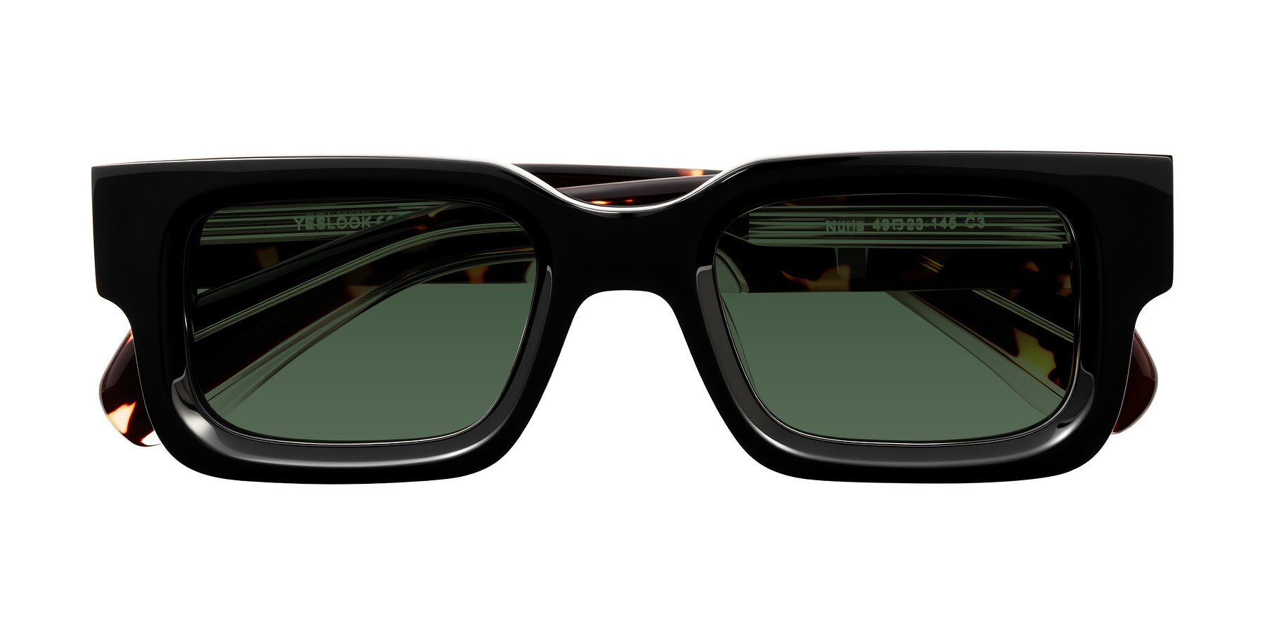 Folded Front of Nuria in Black/Tortoise with Green Tinted Lenses
