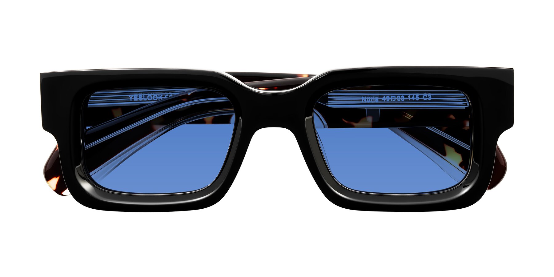Folded Front of Nuria in Black/Tortoise with Blue Tinted Lenses