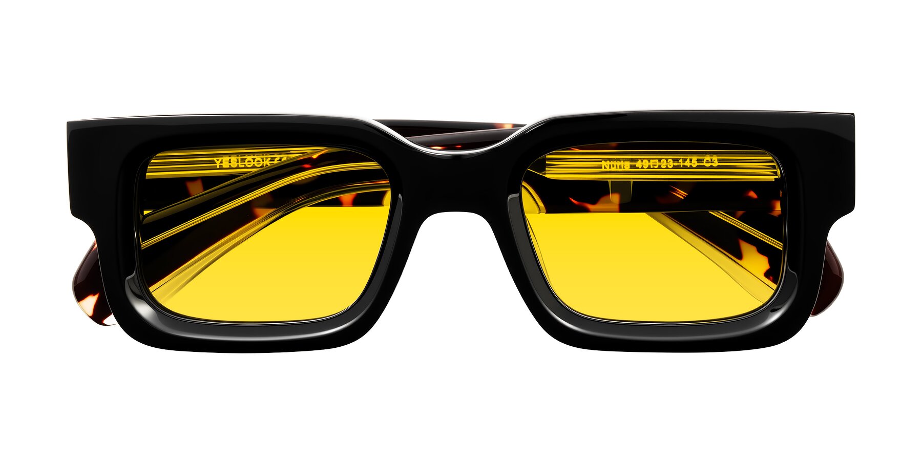 Folded Front of Nuria in Black/Tortoise with Yellow Tinted Lenses