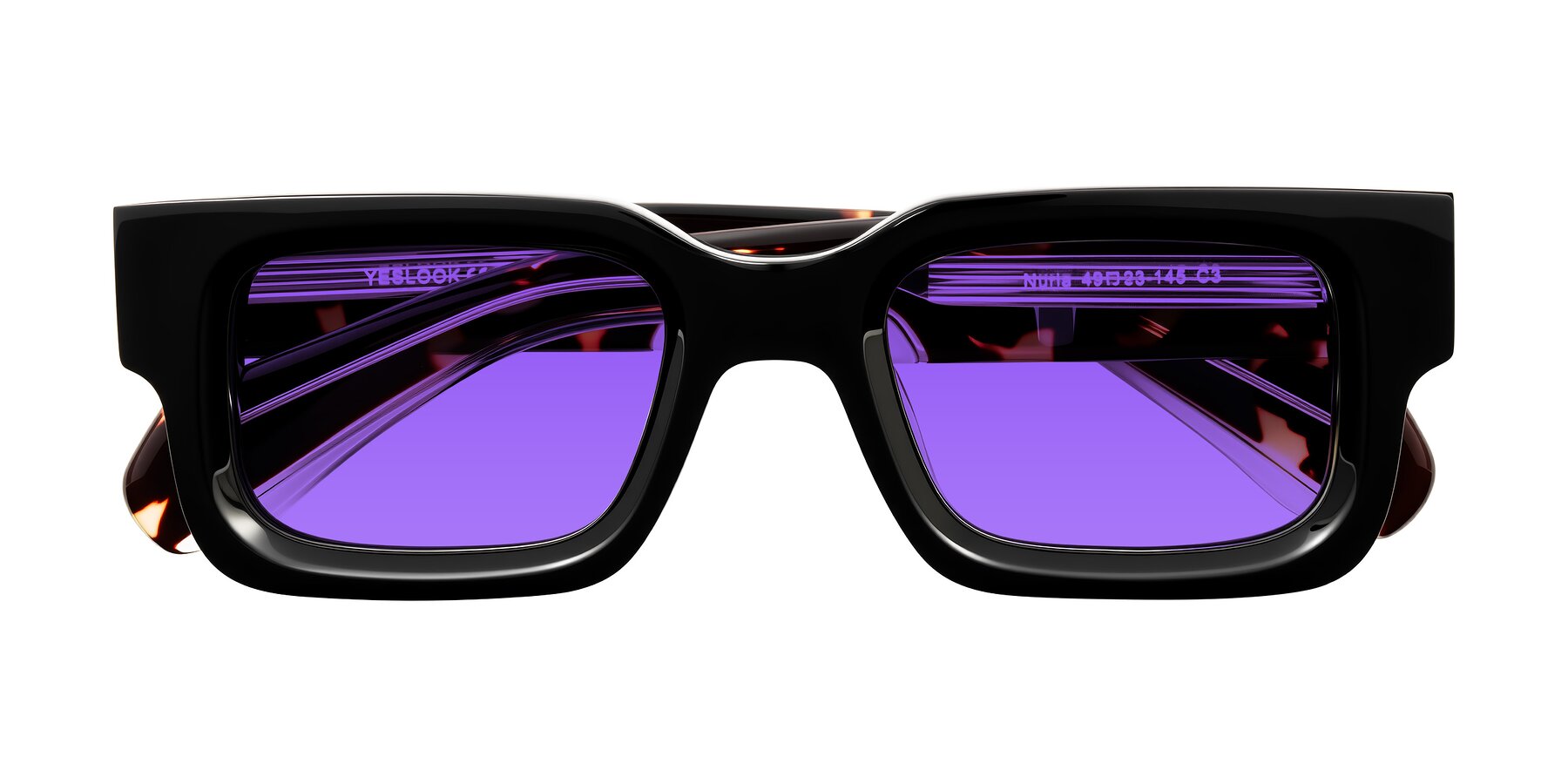 Folded Front of Nuria in Black/Tortoise with Purple Tinted Lenses