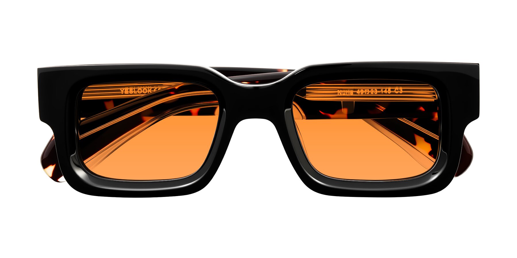Folded Front of Nuria in Black/Tortoise with Orange Tinted Lenses