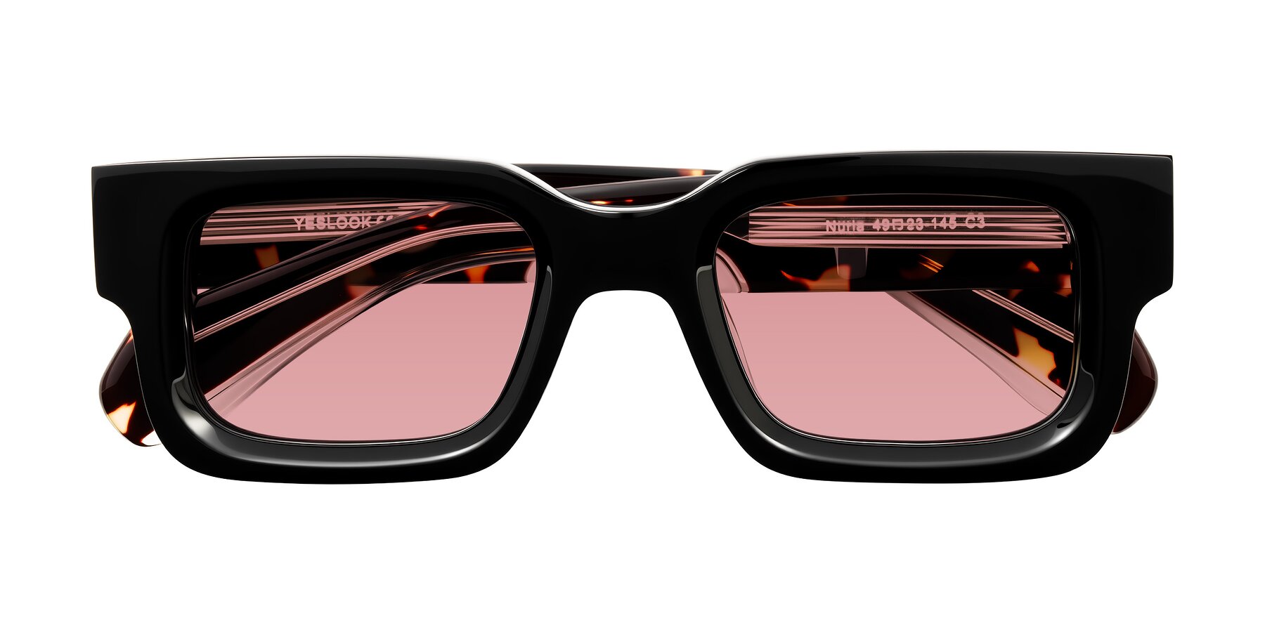 Folded Front of Nuria in Black/Tortoise with Medium Garnet Tinted Lenses