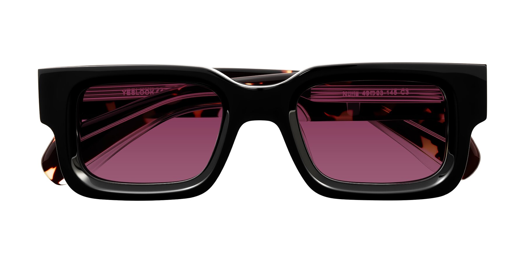 Folded Front of Nuria in Black/Tortoise with Wine Tinted Lenses