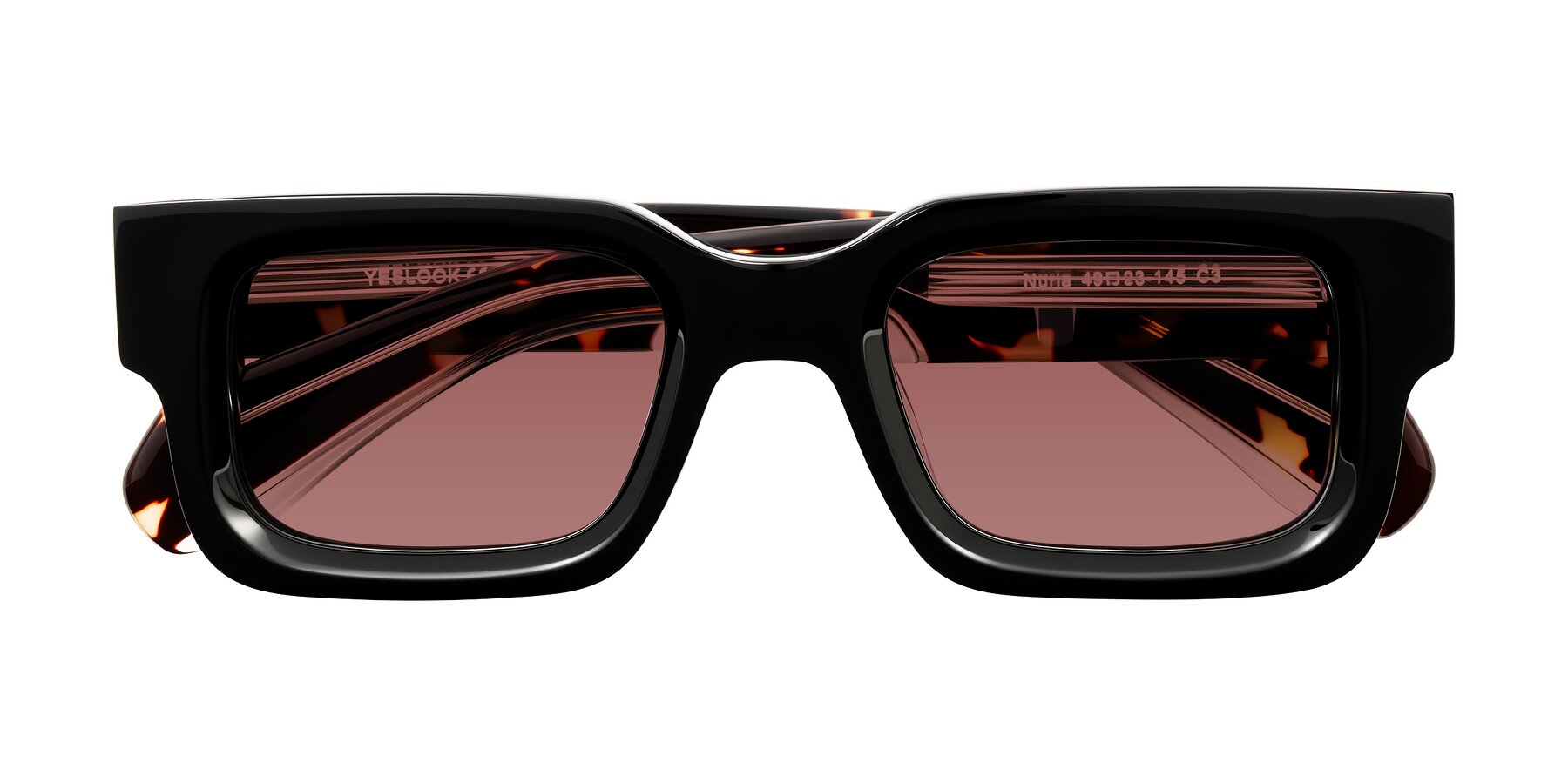 Folded Front of Nuria in Black/Tortoise with Garnet Tinted Lenses