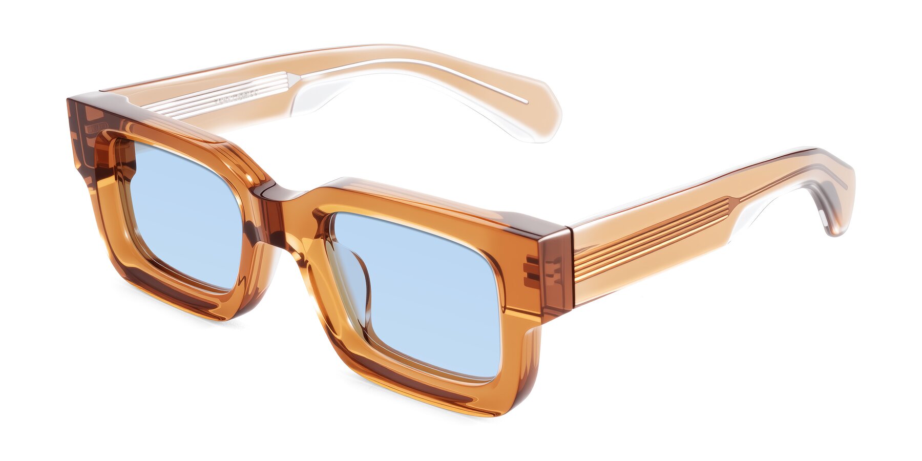 Angle of Nuria in Amber with Light Blue Tinted Lenses