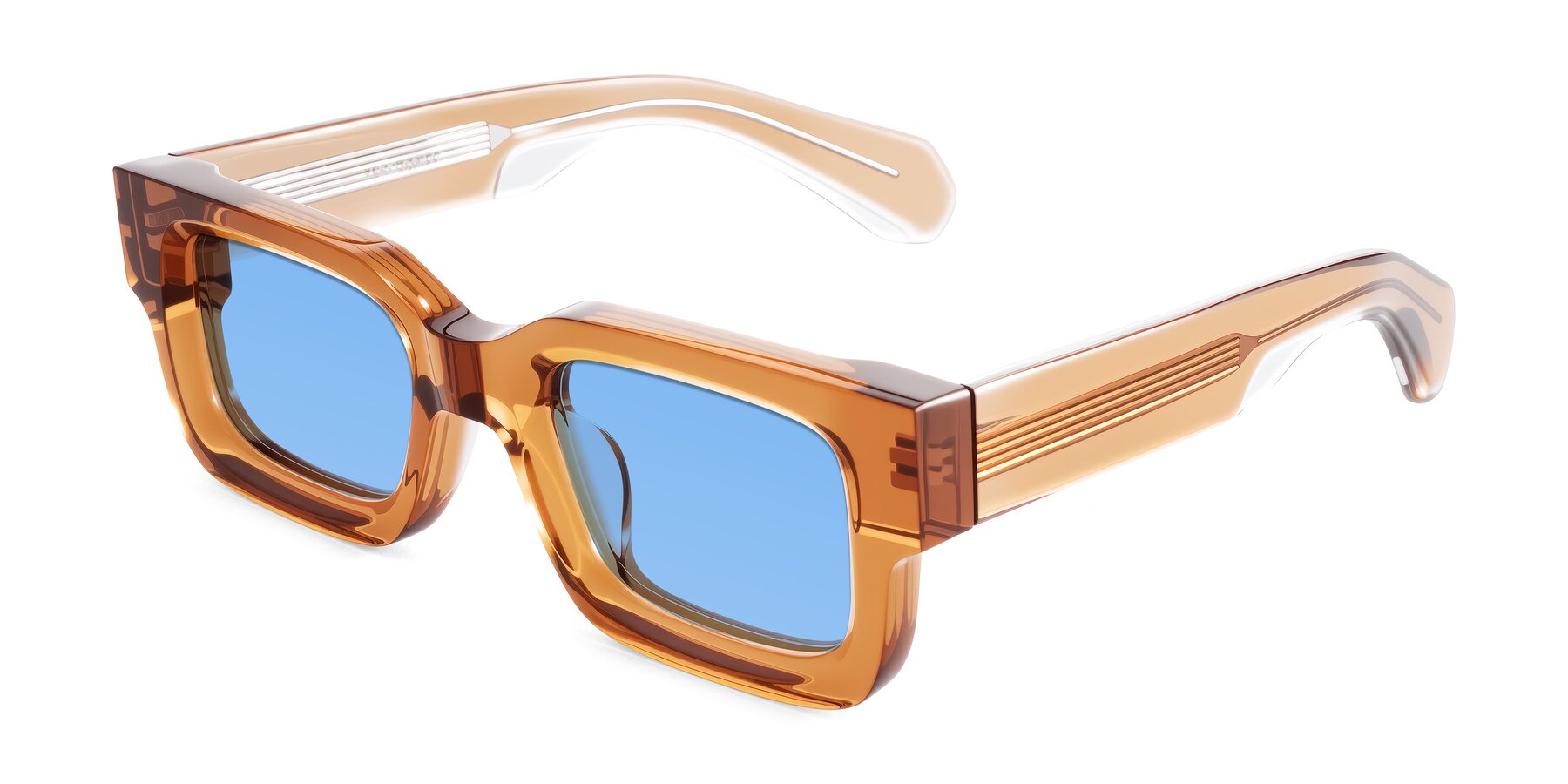 Angle of Nuria in Amber with Medium Blue Tinted Lenses