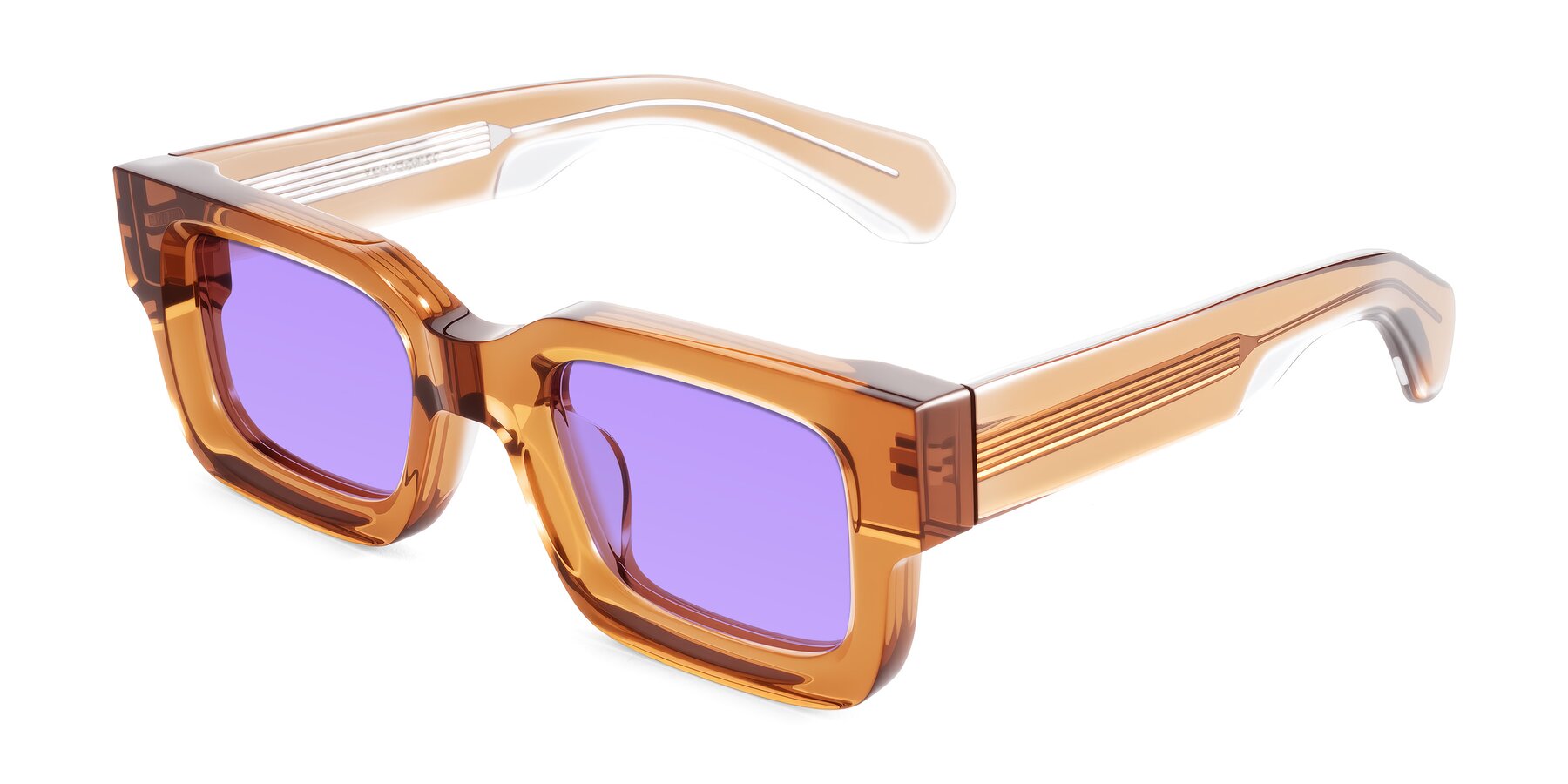 Angle of Nuria in Amber with Medium Purple Tinted Lenses