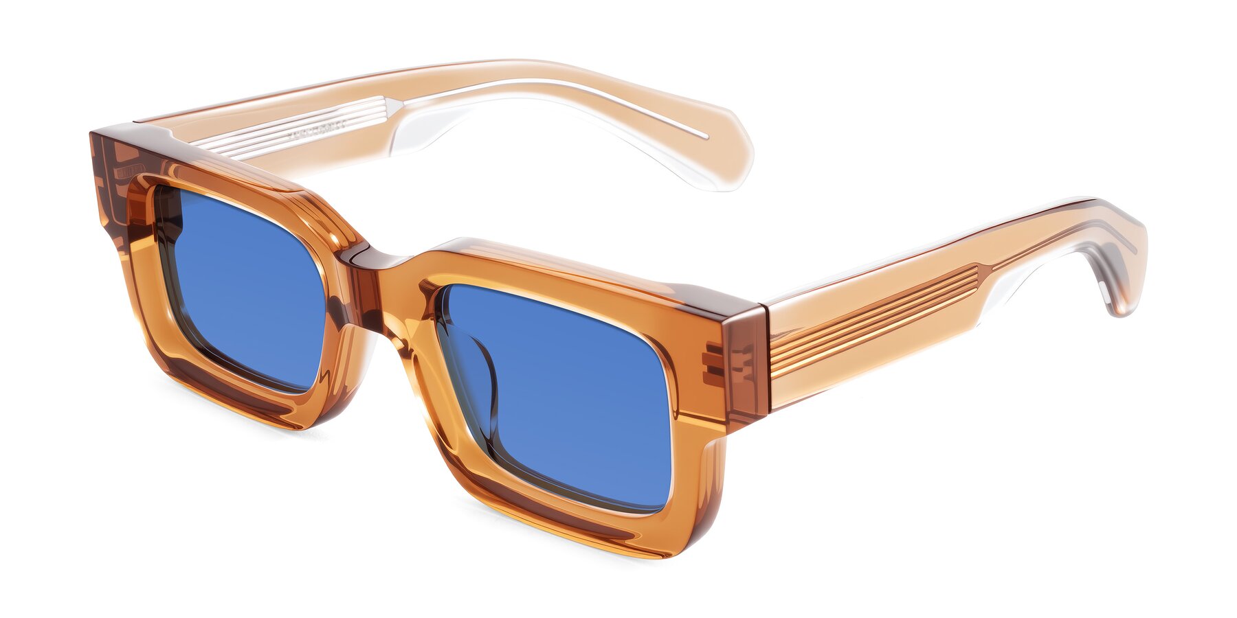 Angle of Nuria in Amber with Blue Tinted Lenses