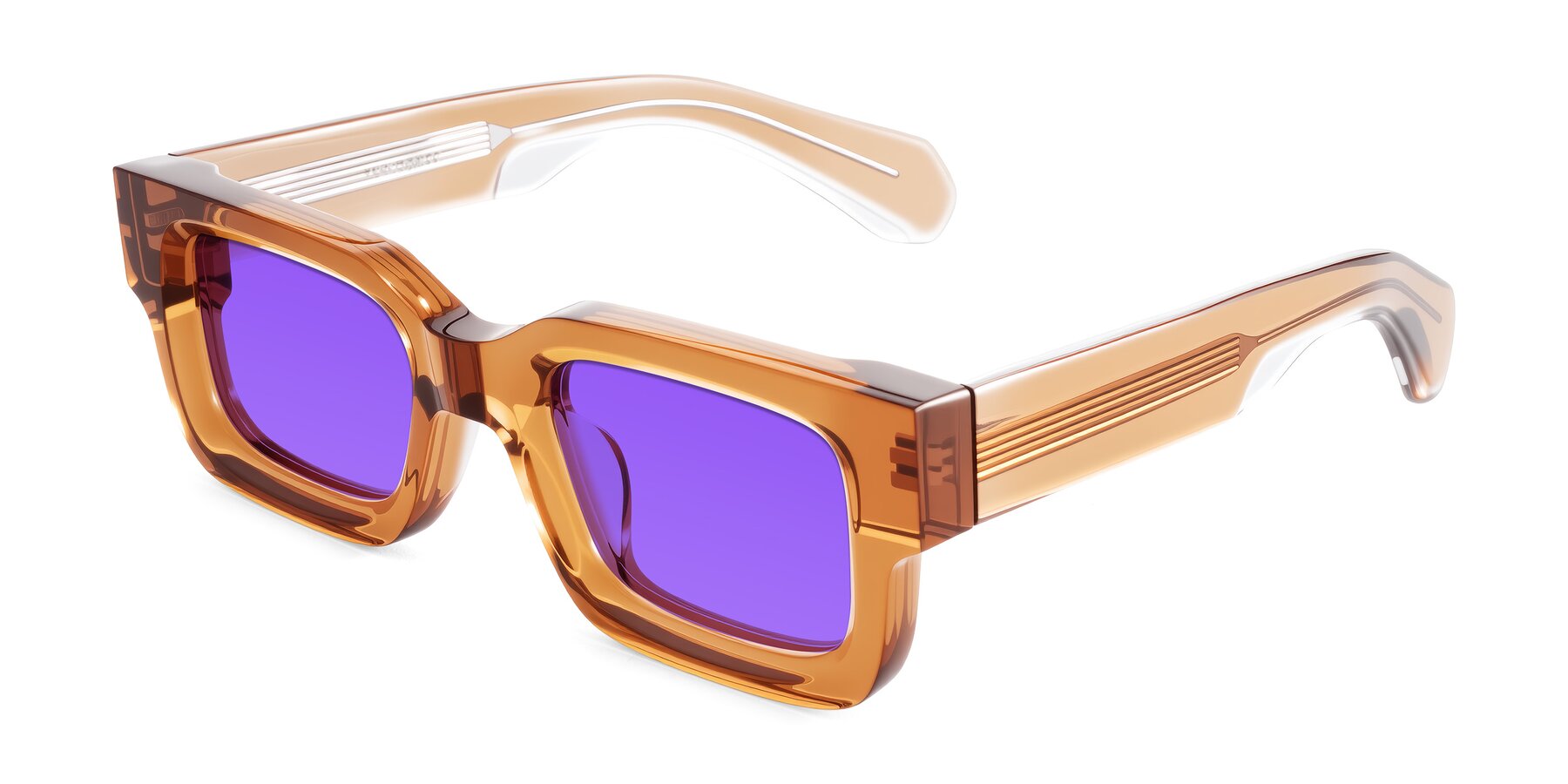 Angle of Nuria in Amber with Purple Tinted Lenses