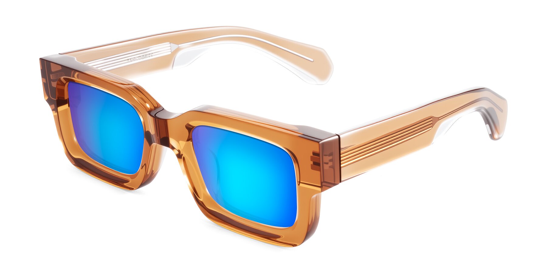 Angle of Nuria in Amber with Blue Mirrored Lenses