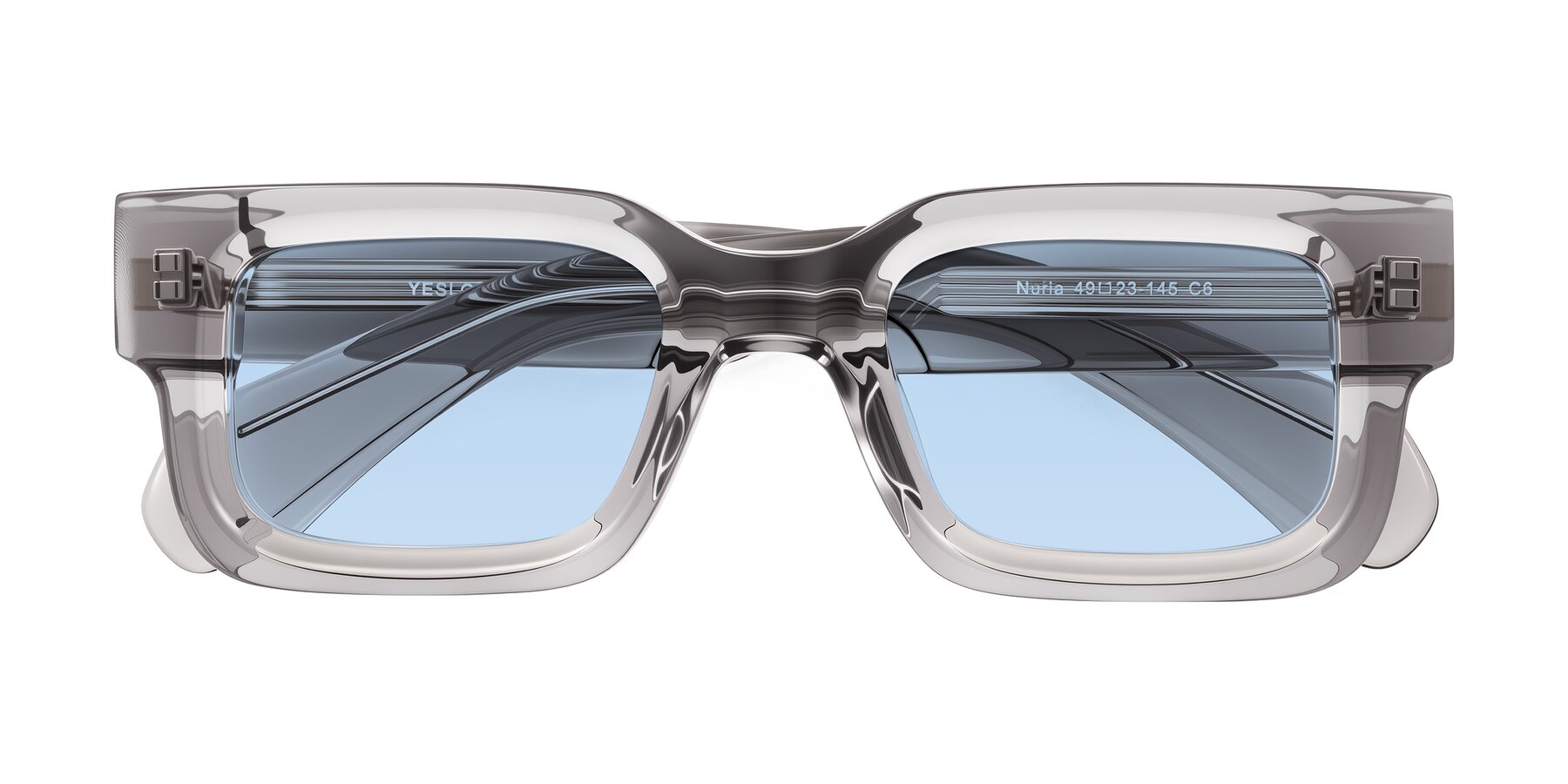 Folded Front of Nuria in Transparent Gray with Light Blue Tinted Lenses