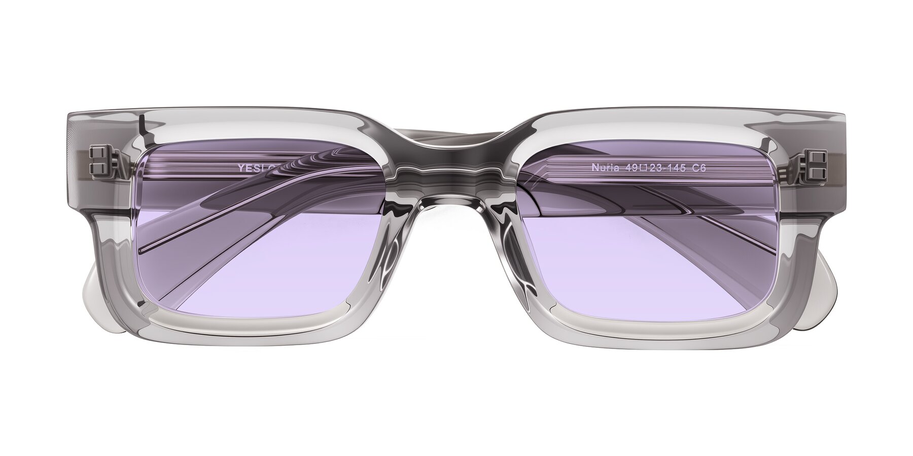 Folded Front of Nuria in Transparent Gray with Light Purple Tinted Lenses