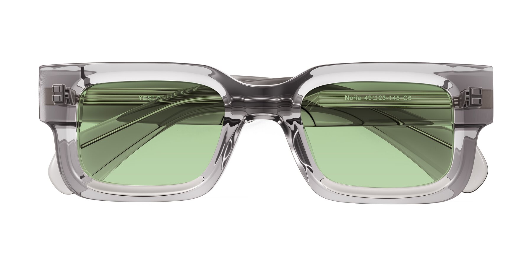 Folded Front of Nuria in Transparent Gray with Medium Green Tinted Lenses