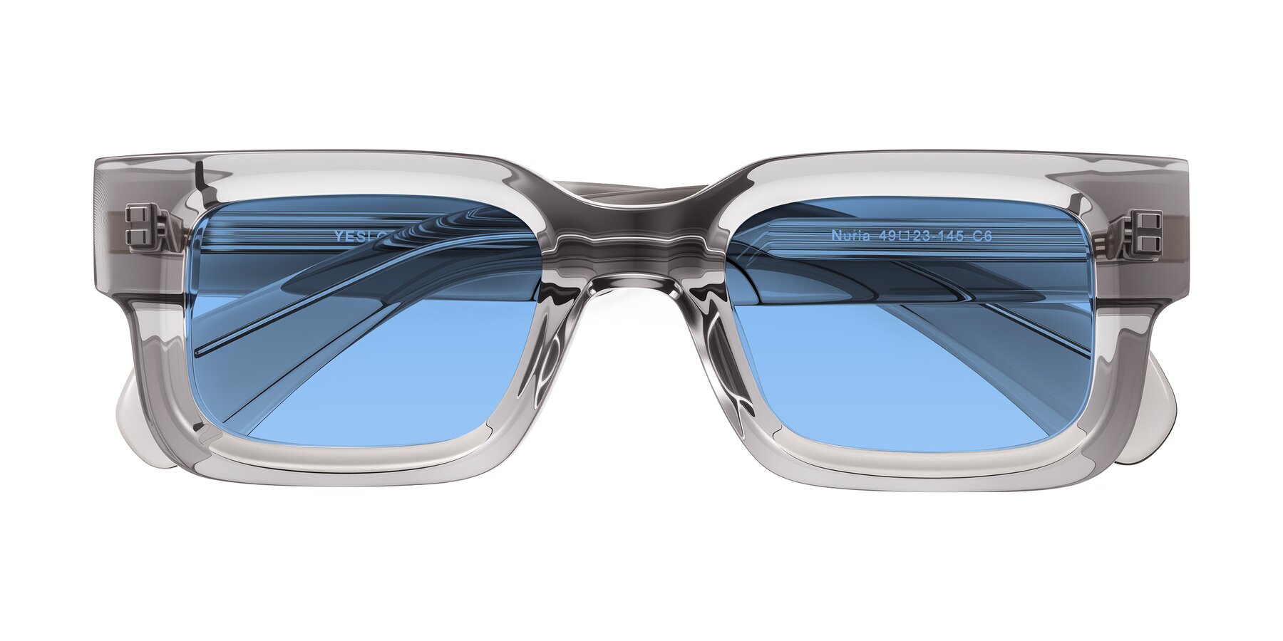 Folded Front of Nuria in Transparent Gray with Medium Blue Tinted Lenses