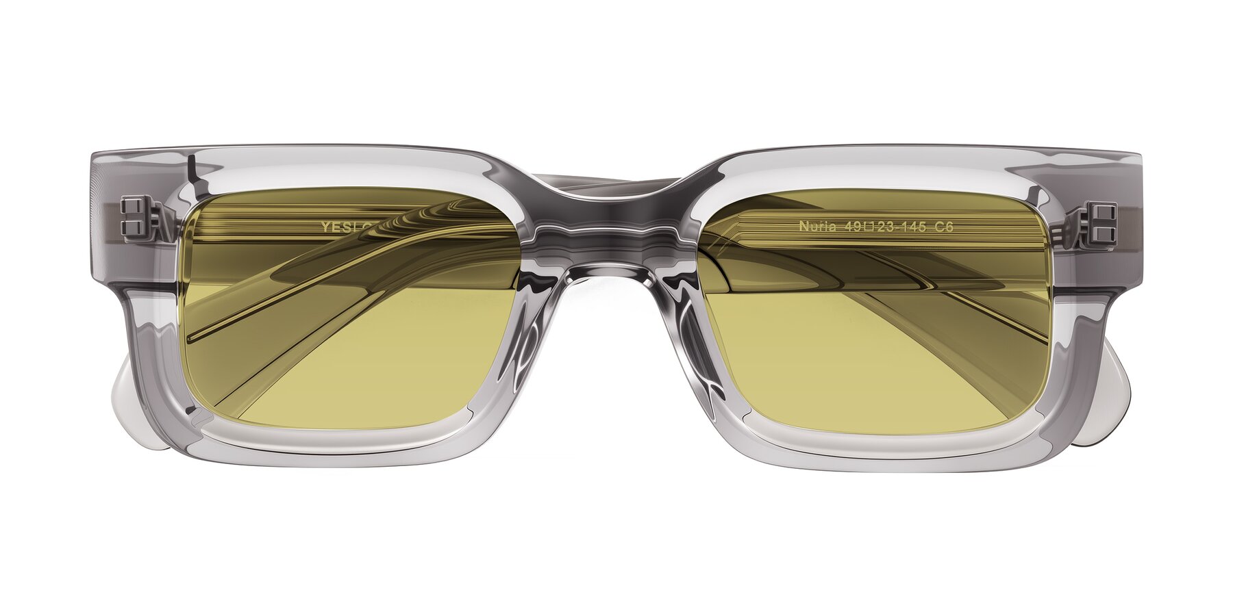 Folded Front of Nuria in Transparent Gray with Medium Champagne Tinted Lenses