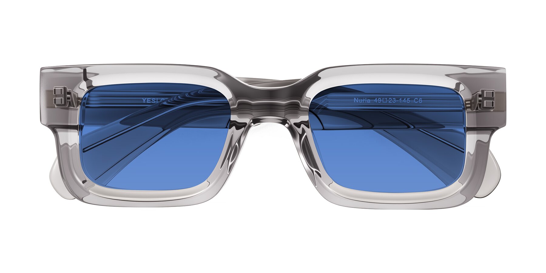 Folded Front of Nuria in Transparent Gray with Blue Tinted Lenses