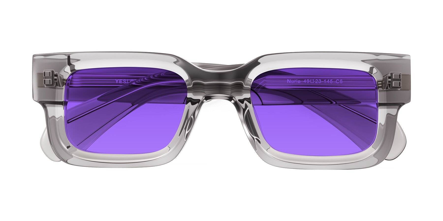 Folded Front of Nuria in Transparent Gray with Purple Tinted Lenses