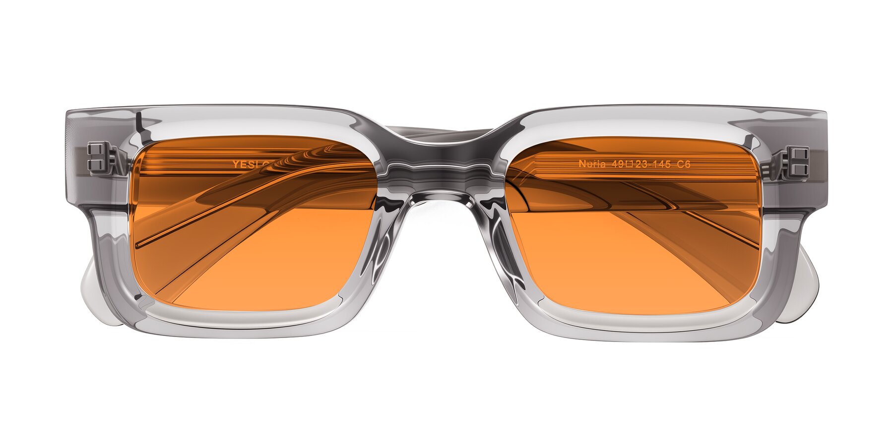 Folded Front of Nuria in Transparent Gray with Orange Tinted Lenses