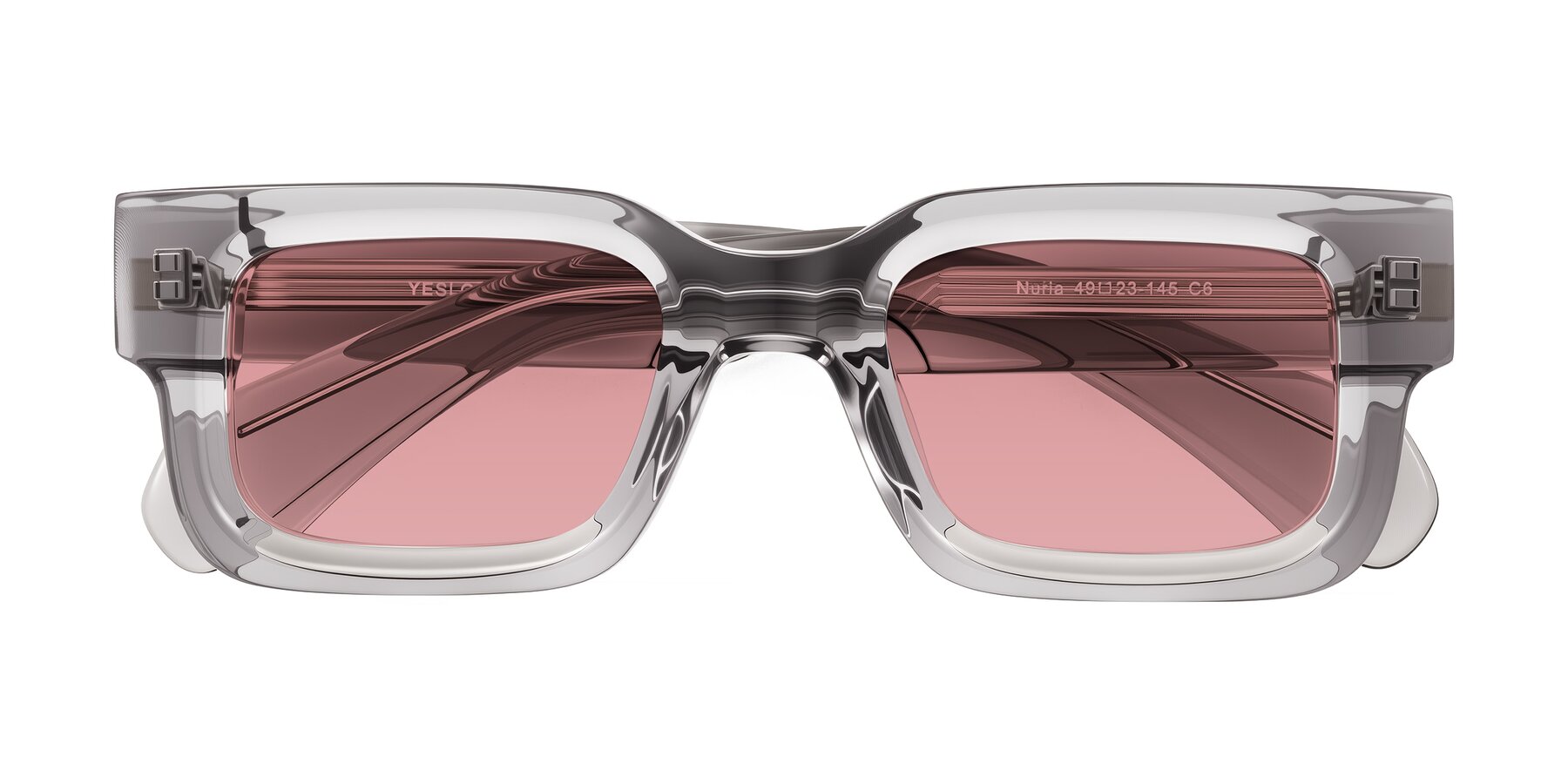 Folded Front of Nuria in Transparent Gray with Medium Garnet Tinted Lenses