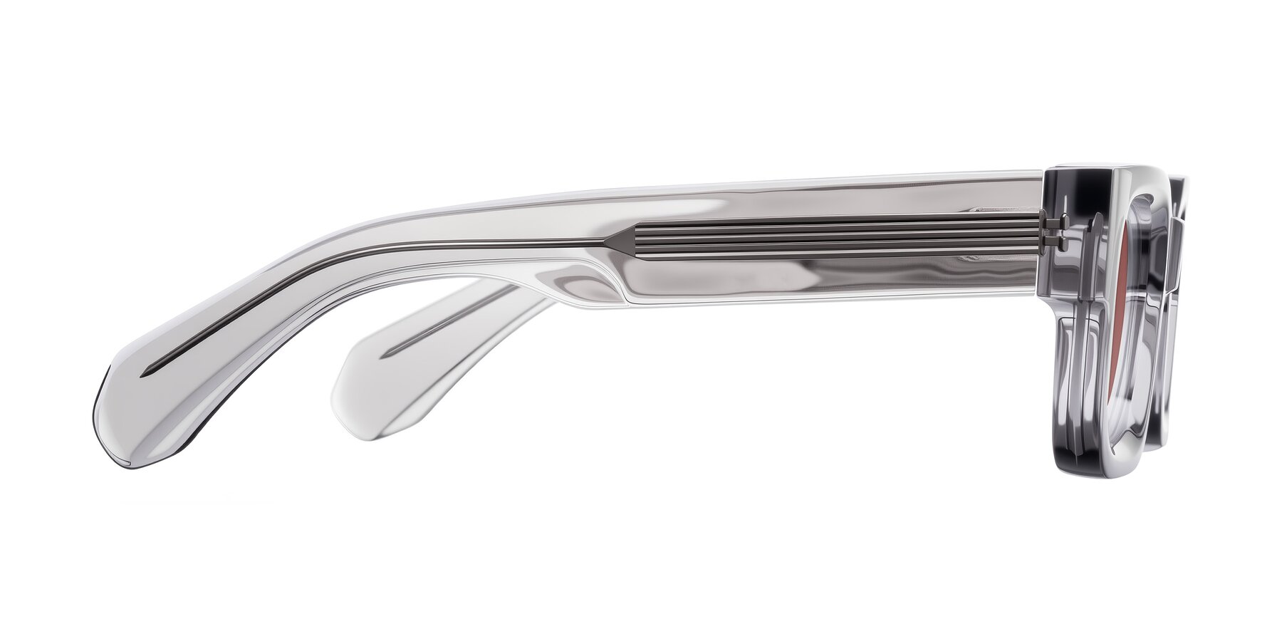 Side of Nuria in Transparent Gray with Garnet Tinted Lenses