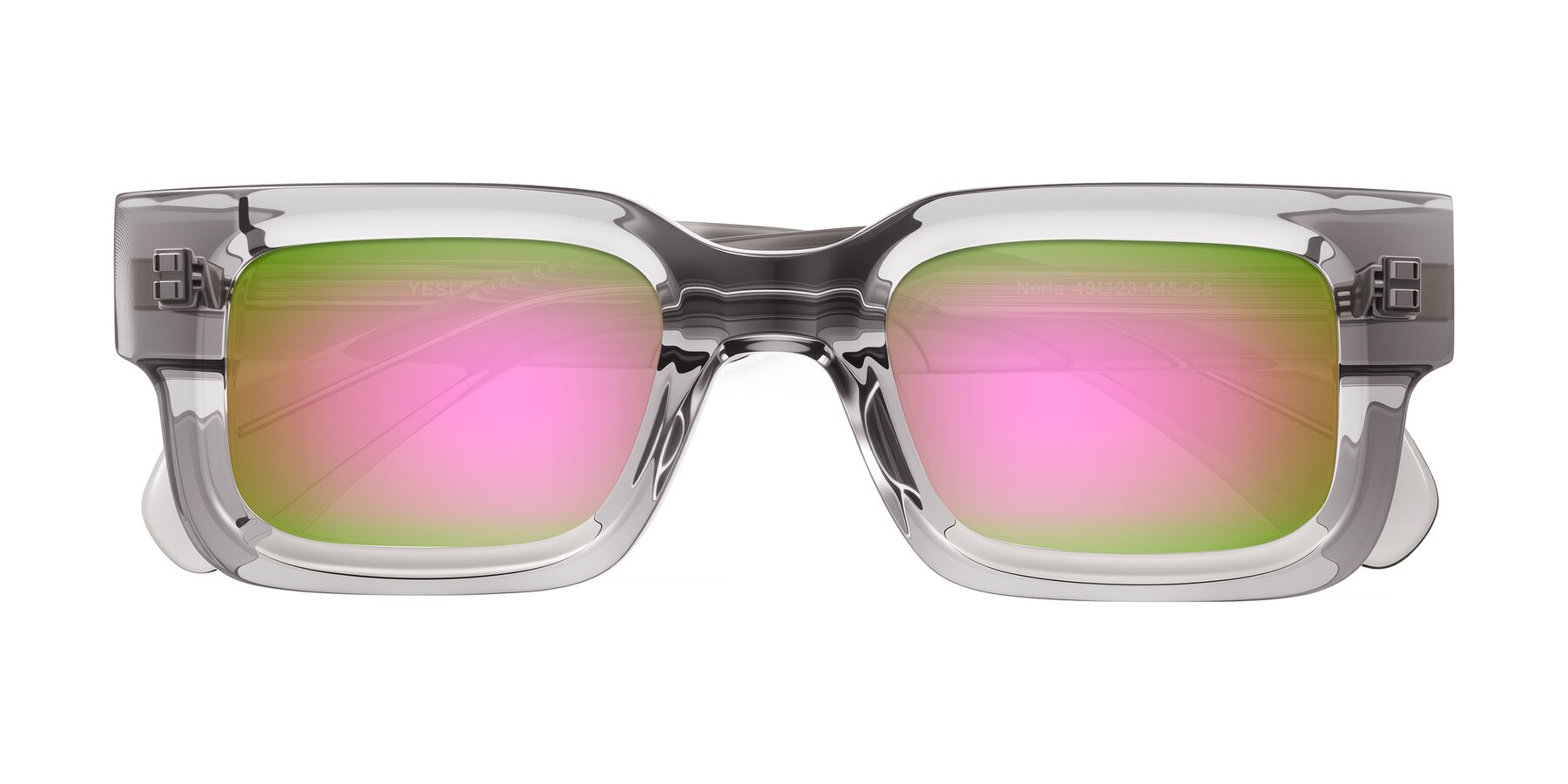 Folded Front of Nuria in Transparent Gray with Pink Mirrored Lenses