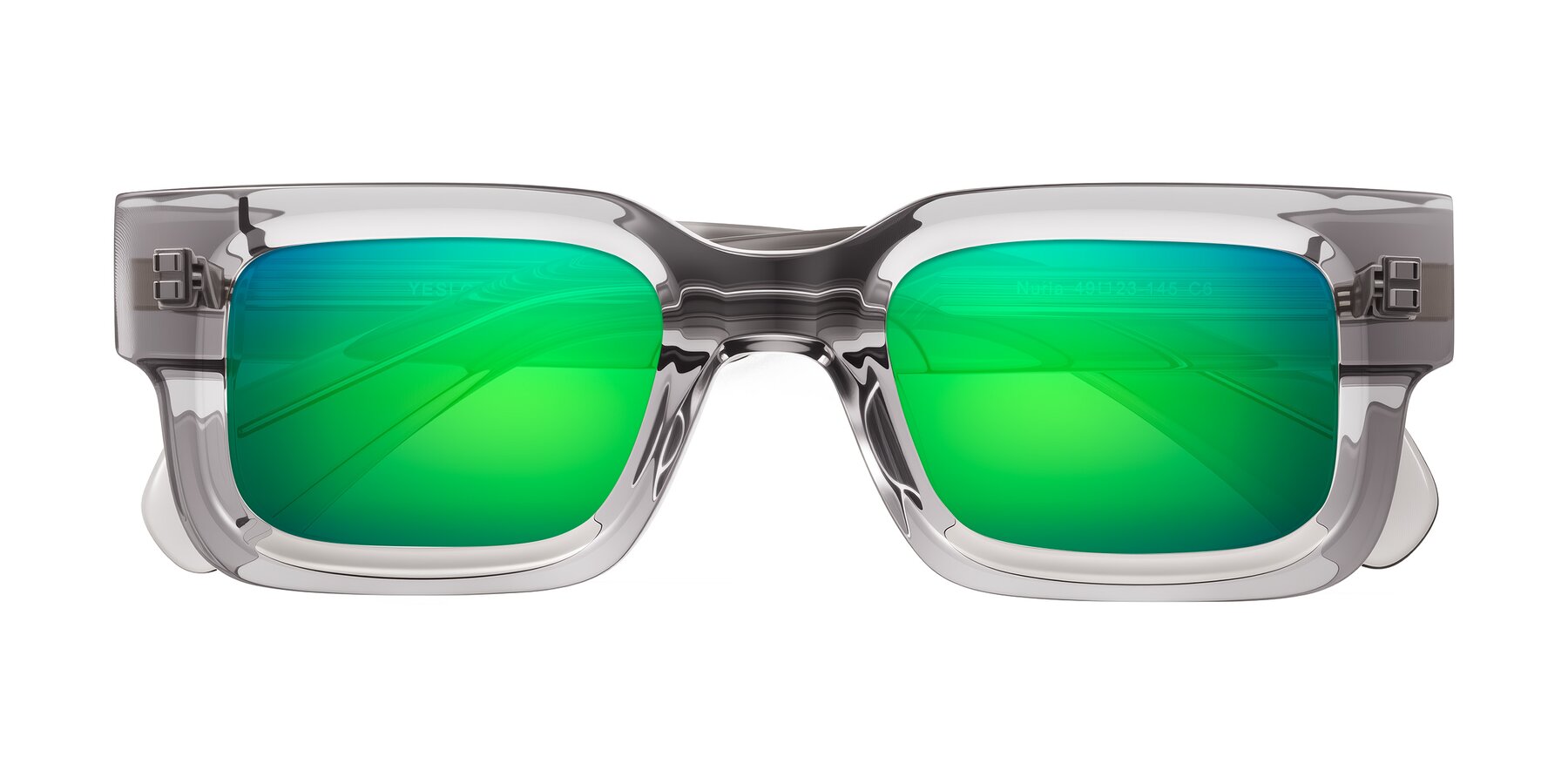 Folded Front of Nuria in Transparent Gray with Green Mirrored Lenses