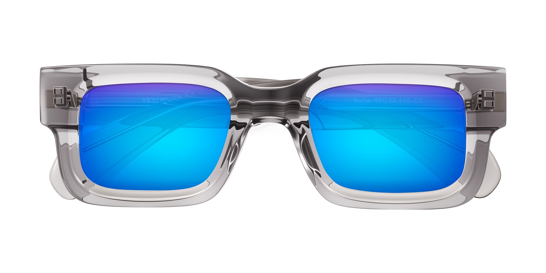 Folded Front of Nuria in Transparent Gray with Blue Mirrored Lenses