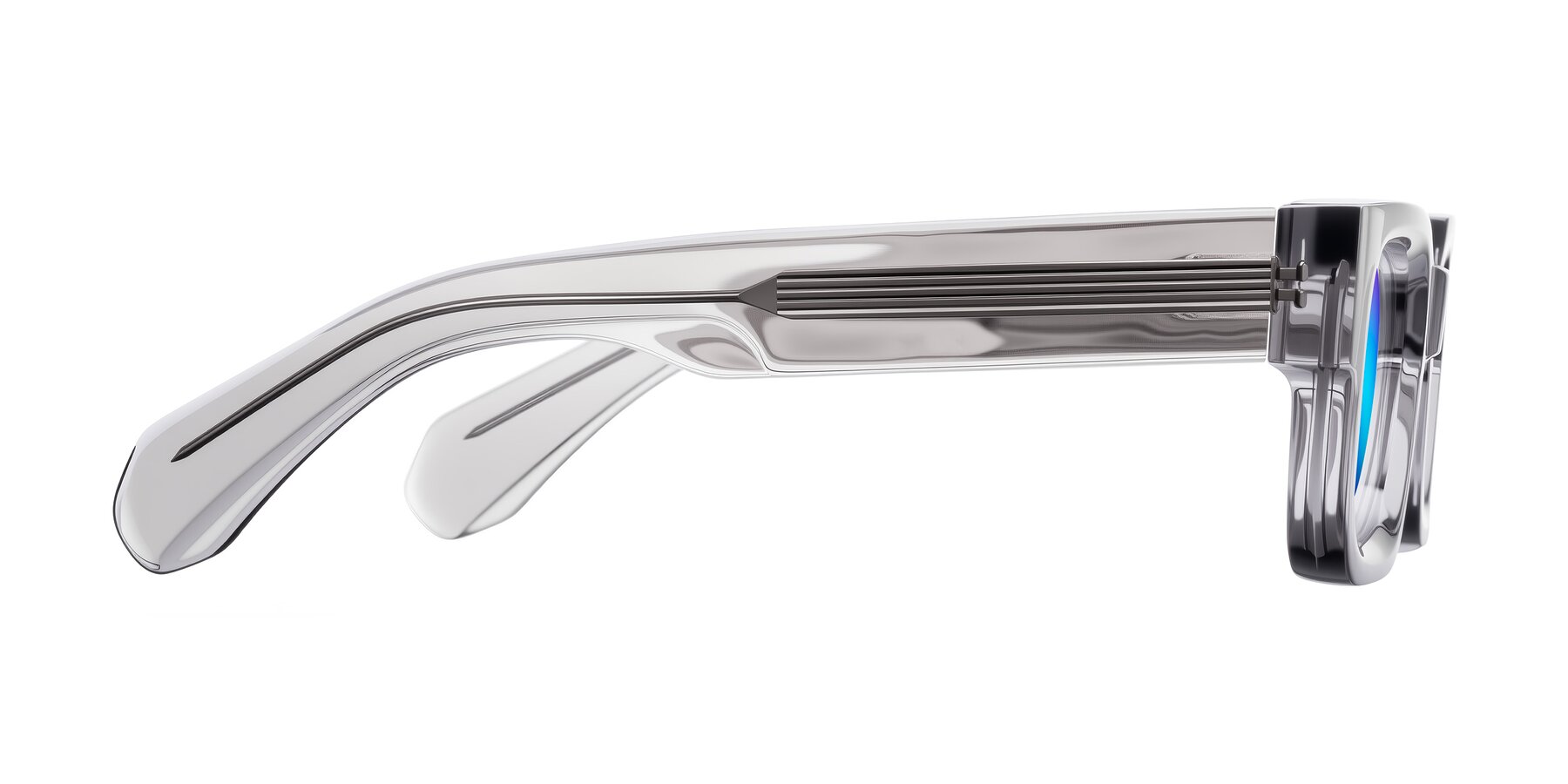 Side of Nuria in Transparent Gray with Blue Mirrored Lenses