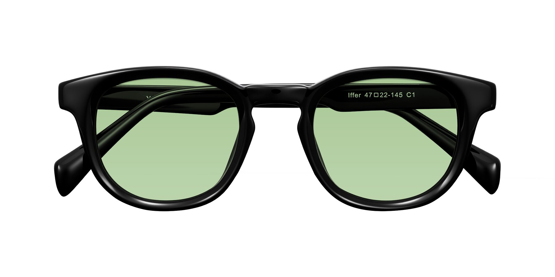 Folded Front of Iffer in Black with Medium Green Tinted Lenses