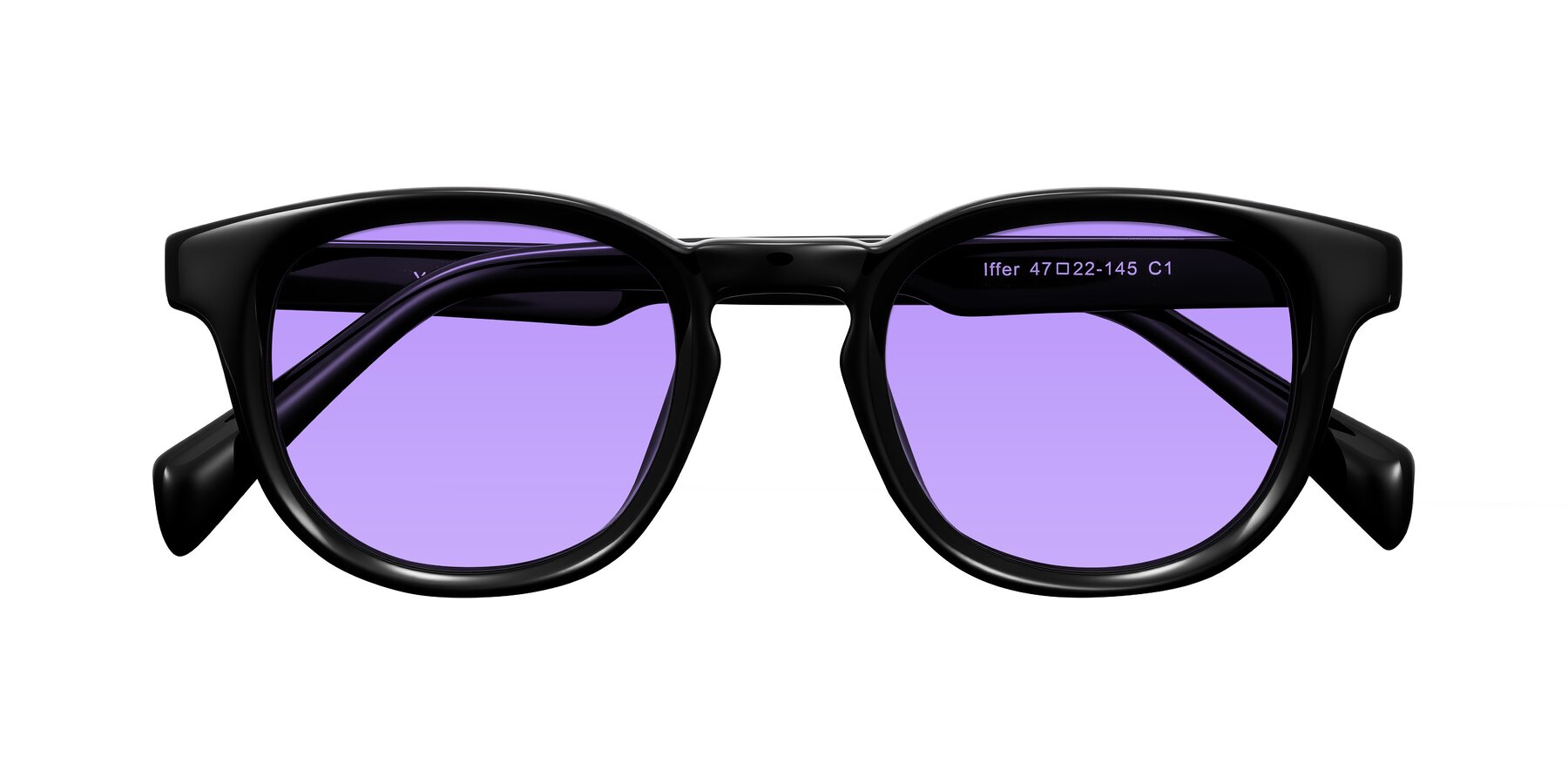 Folded Front of Iffer in Black with Medium Purple Tinted Lenses