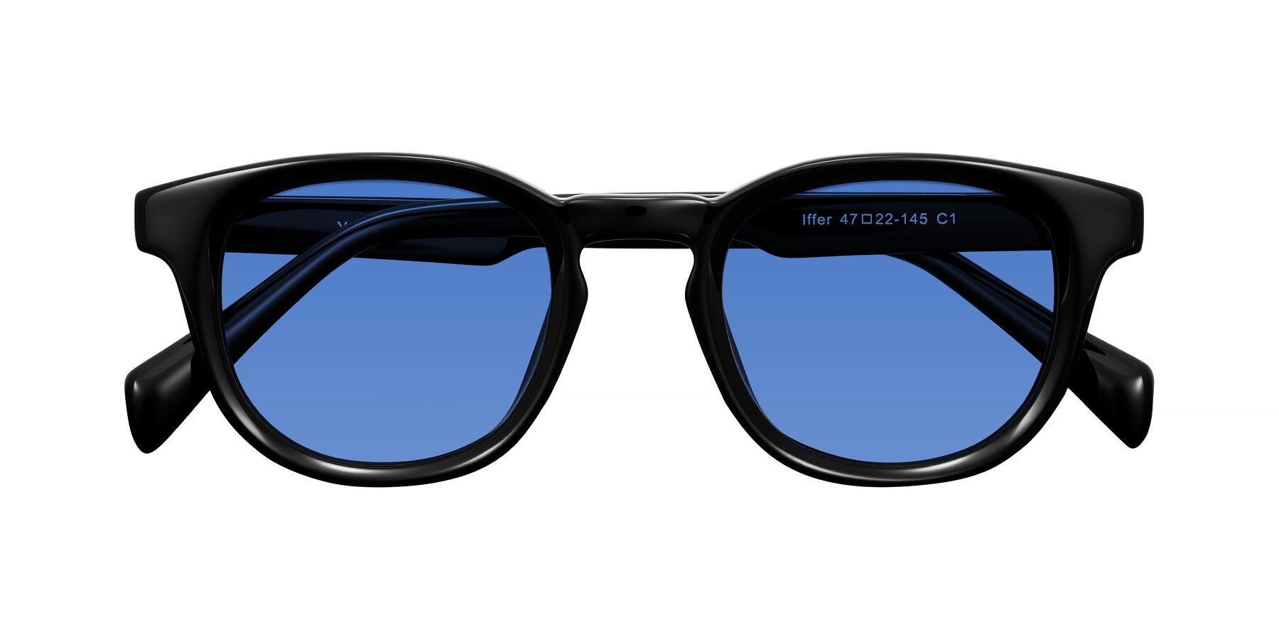 Folded Front of Iffer in Black with Blue Tinted Lenses