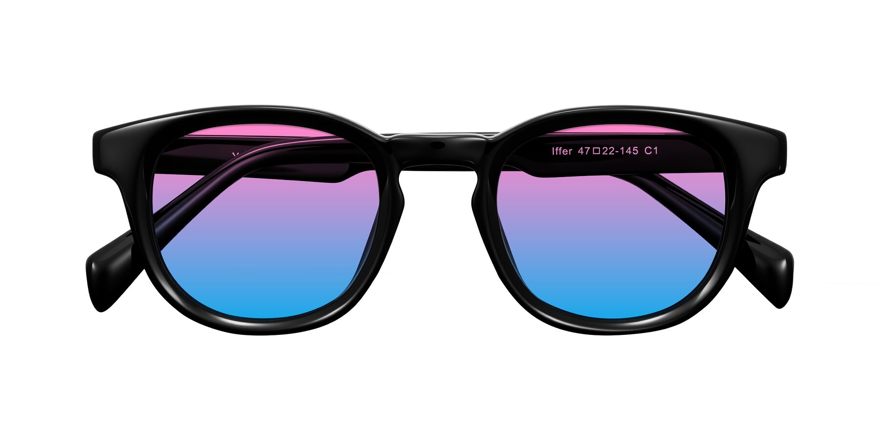 Folded Front of Iffer in Black with Pink / Blue Gradient Lenses