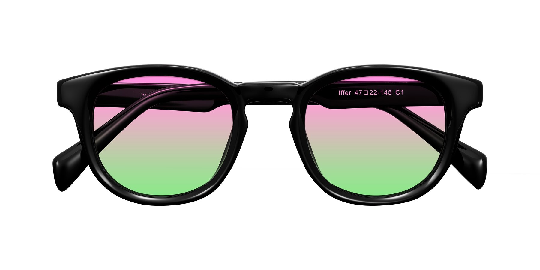 Folded Front of Iffer in Black with Pink / Green Gradient Lenses