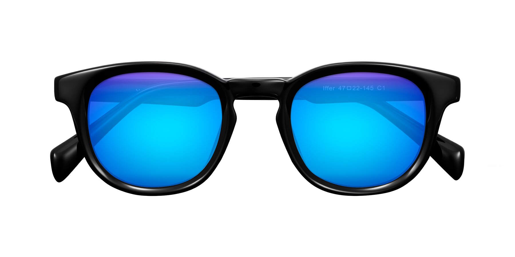 Folded Front of Iffer in Black with Blue Mirrored Lenses