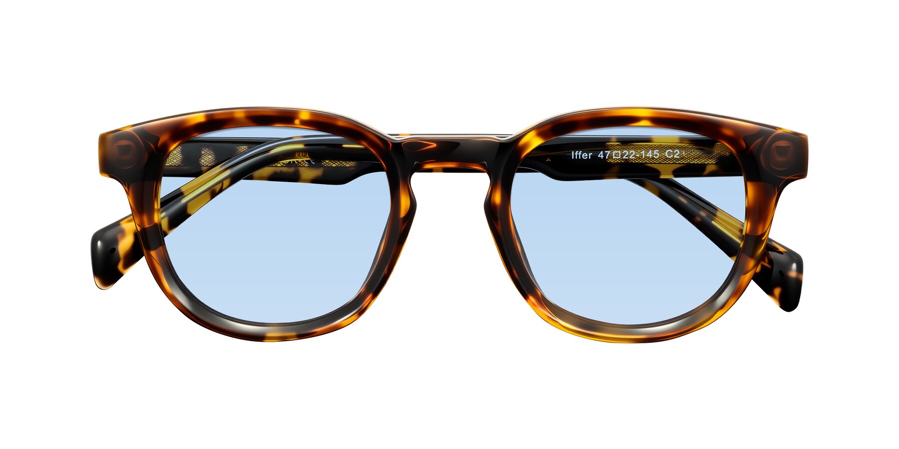 Folded Front of Iffer in Tortoise with Light Blue Tinted Lenses